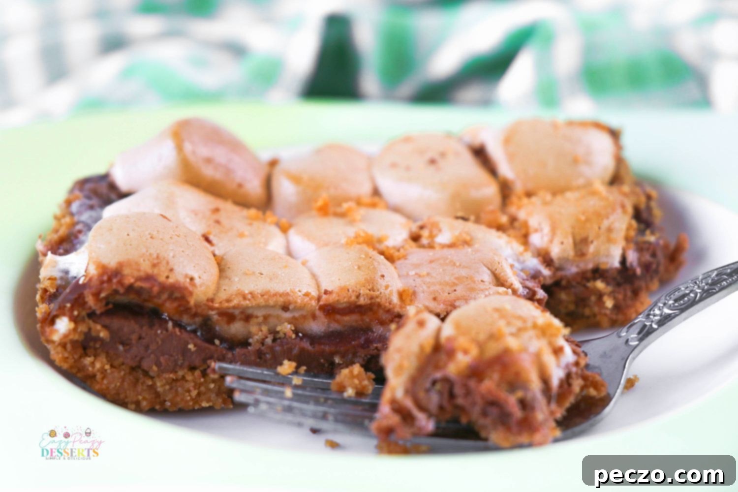 Gooey Smores Bars 4 Close up image of a smores cookie bar on a plate