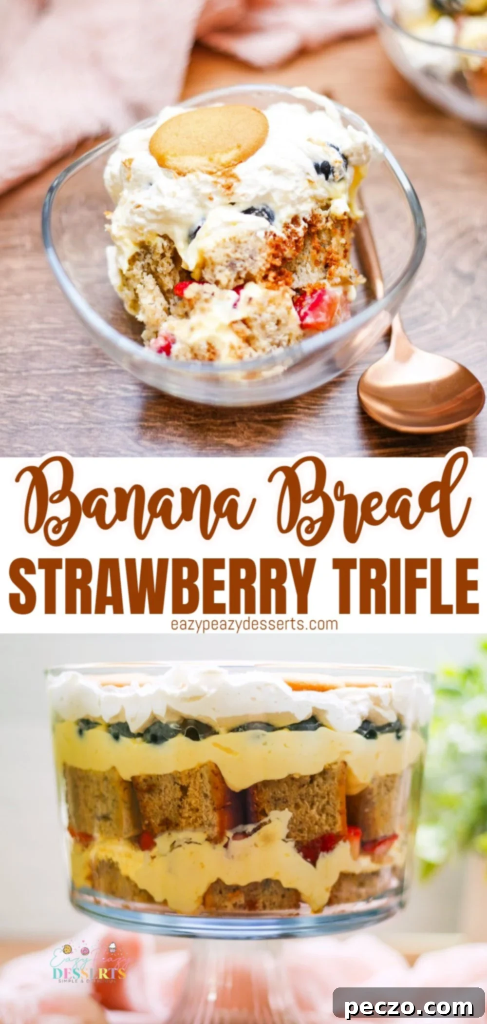 Photo collage of banana trifle made with banana bread, strawberry and blueberry