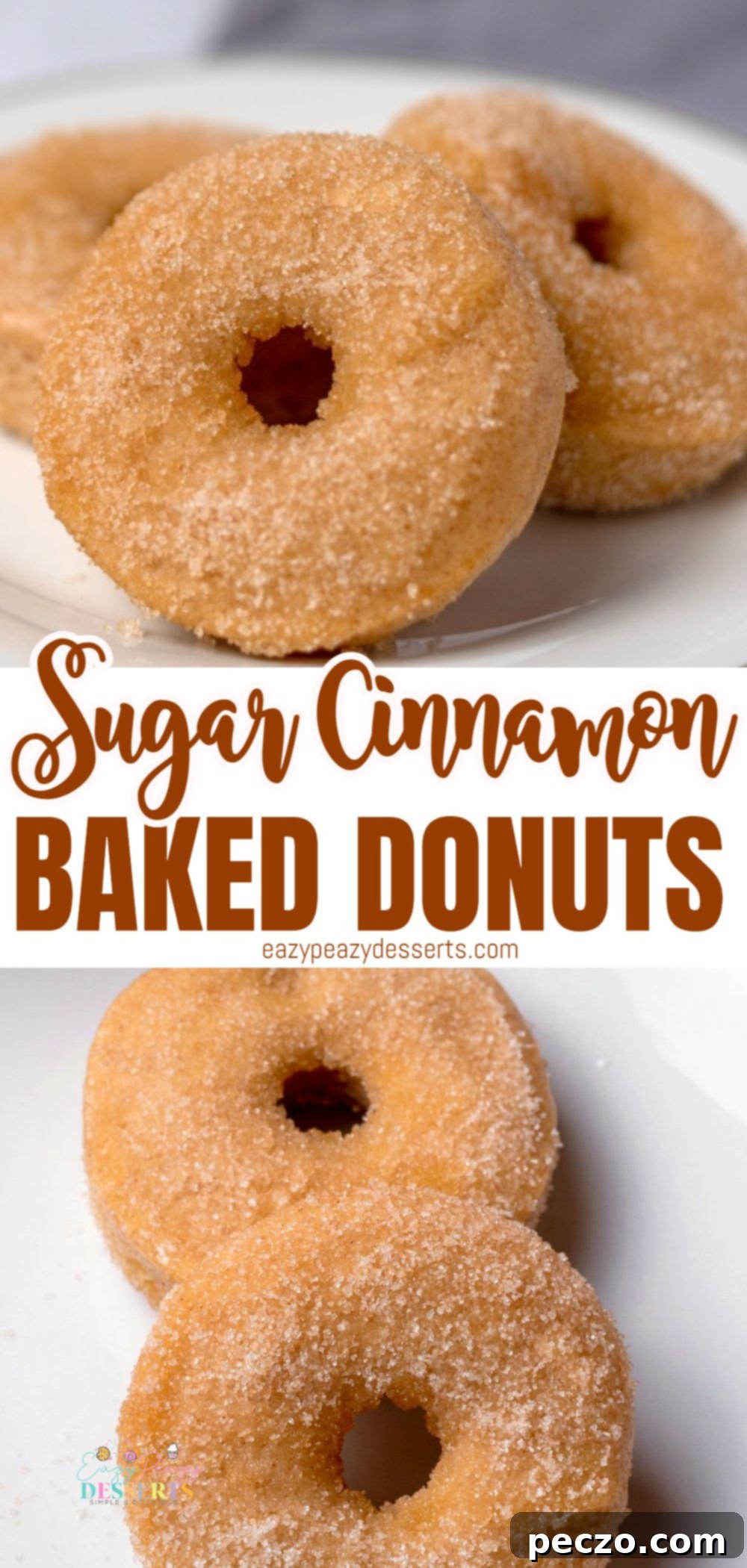Photo collage of vegan baked cinnamon donuts dipped in sugar