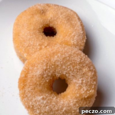 Close up image of caked cinnamon sugar donuts