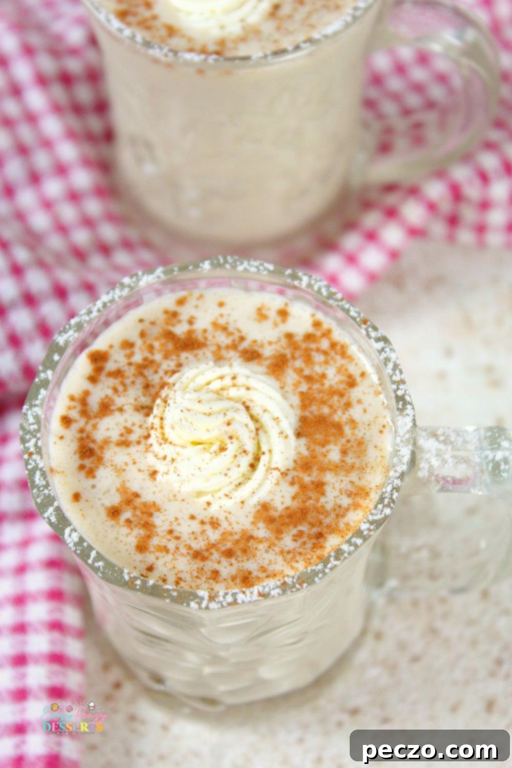 Overhead image of homemade eggnog in a mug