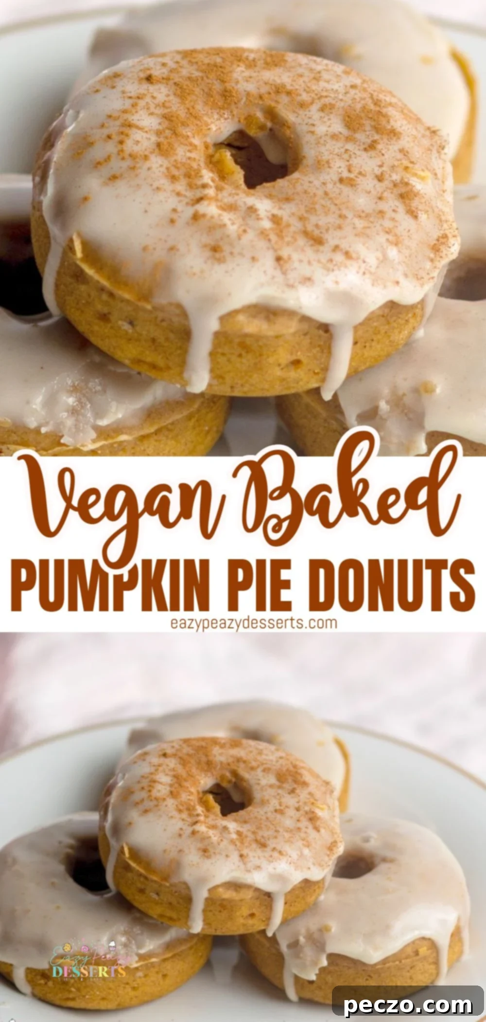 Photo collage showcasing various angles of vegan baked pumpkin donuts with maple glaze, perfect for Pinterest.
