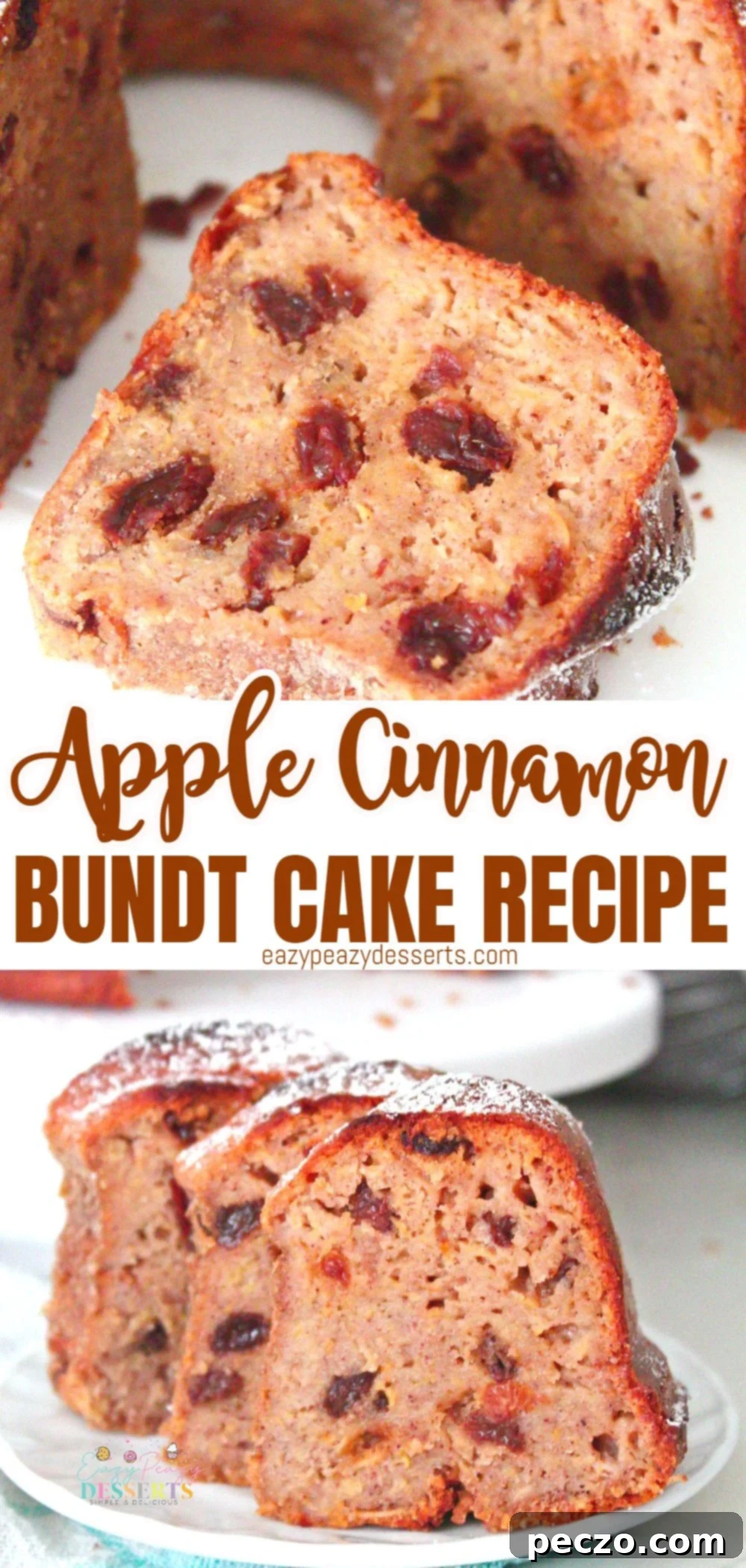 Photo collage of apple cinnamon cake baked in a bundt pan