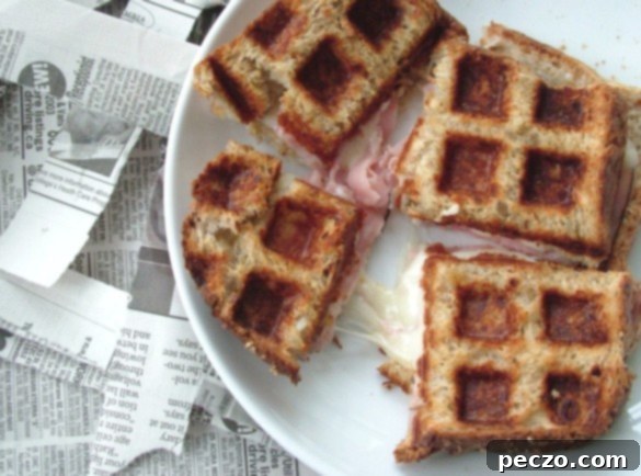 Delicious Waffled Ham & Cheese Sandwich, golden brown with waffle grooves