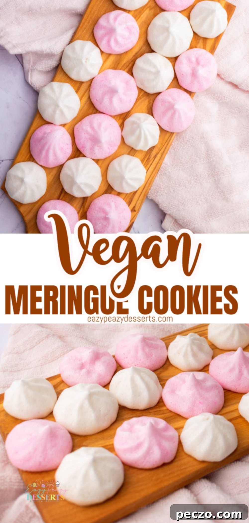 Photo collage of vegan meringues in pink and white colors for Pinterest