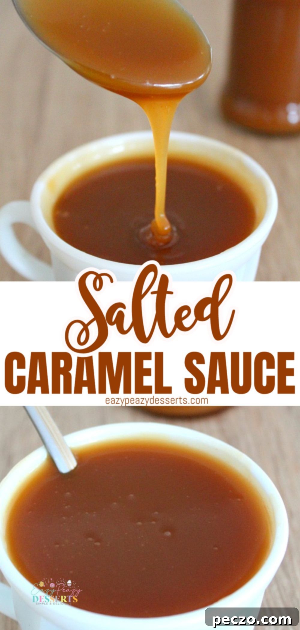 Photo collage showing various stages and delicious uses of homemade salted caramel sauce