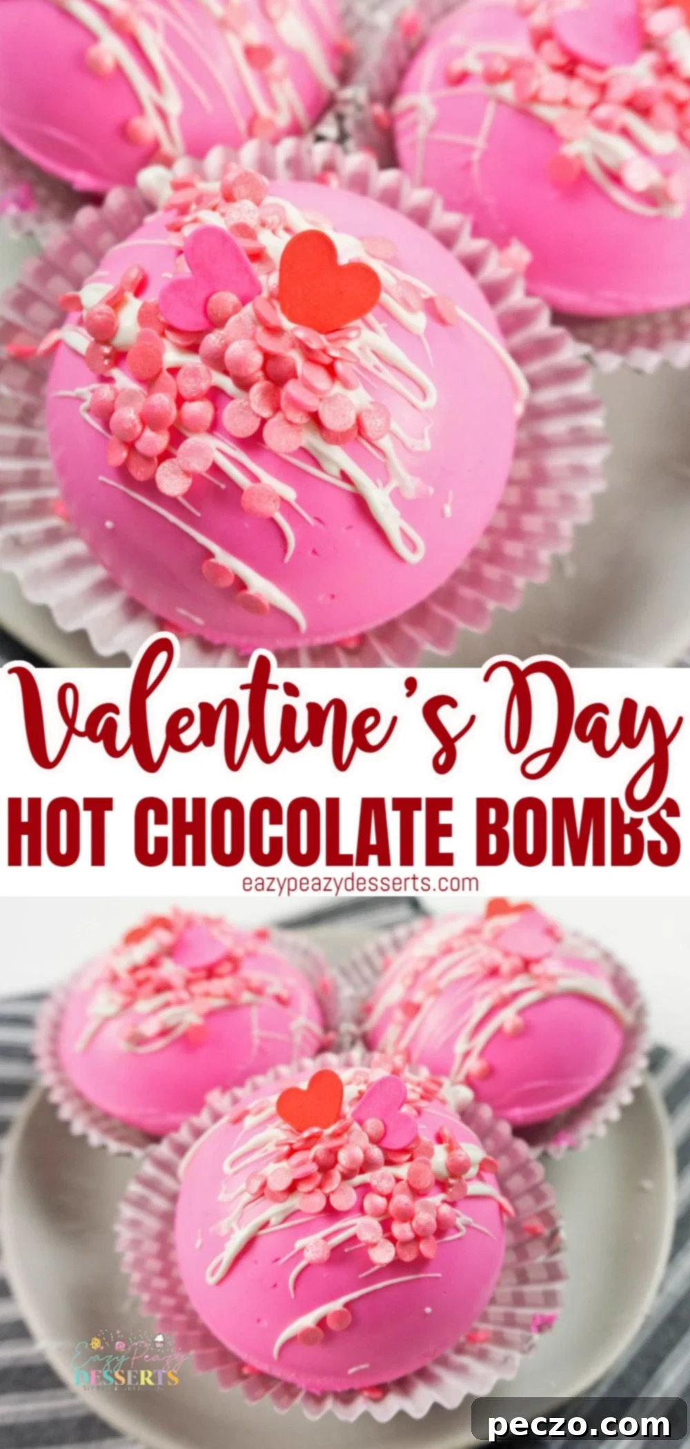 A Pinterest-friendly image showcasing the Valentine hot chocolate bombs with a 'Pin to save for later' overlay.