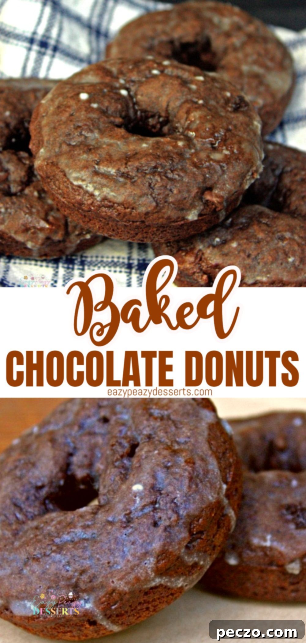 Photo collage of baked chocolate donuts with sugar glaze