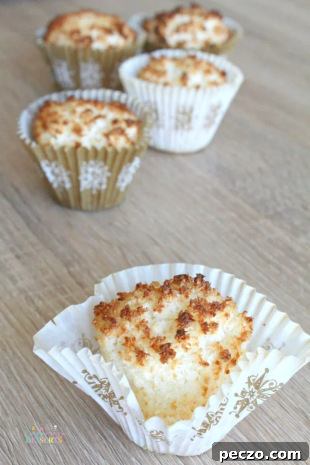 Close-up view of perfectly baked gluten-free coconut muffins with golden brown tops.