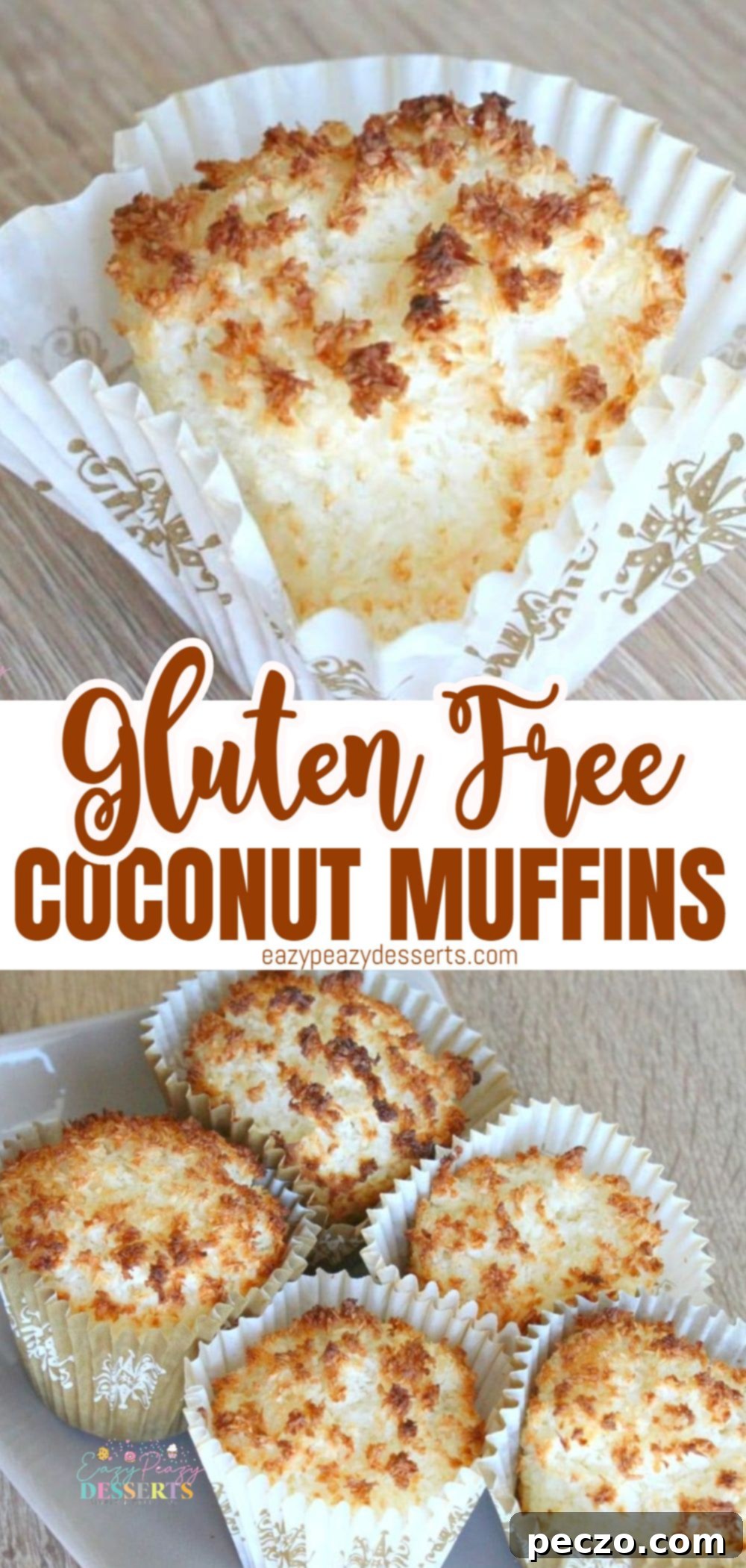 Photo collage showcasing the steps and final product of gluten-free coconut muffins.