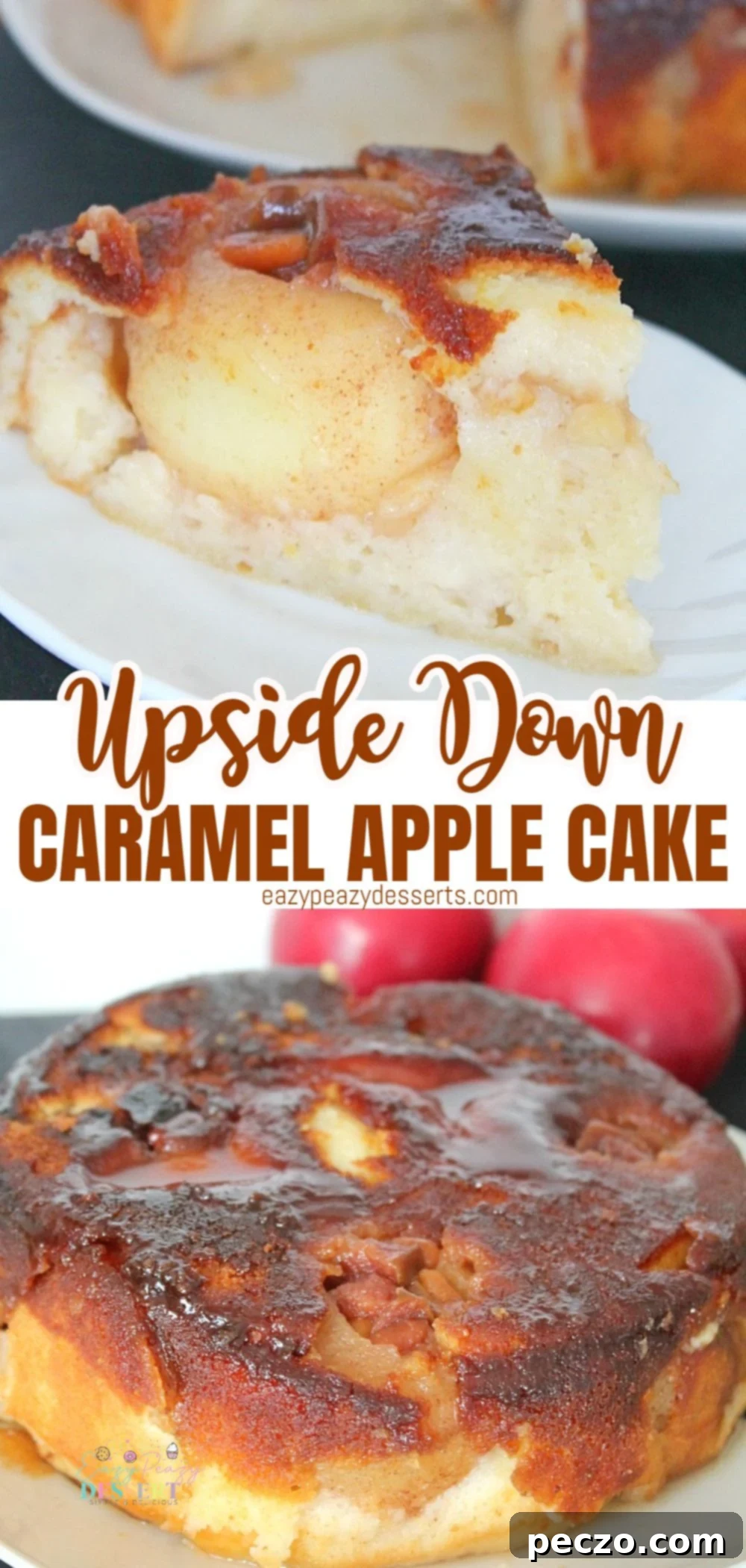 Photo collage of caramel apple upside down cake at various stages and angles