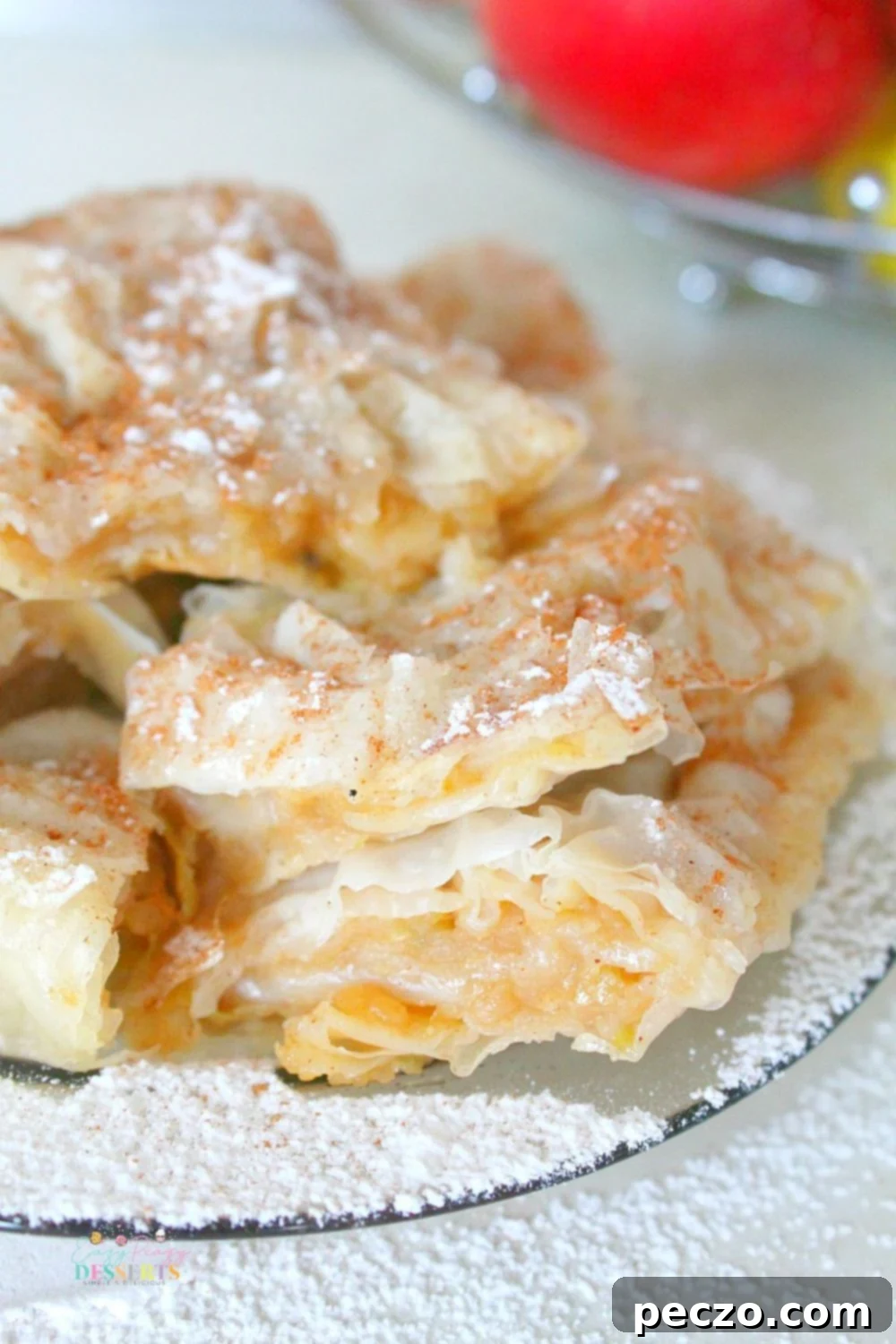 Close up image of filo pastry pie with apple filling