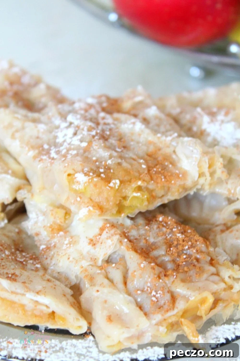 Close up image of apple pie with filo pastry