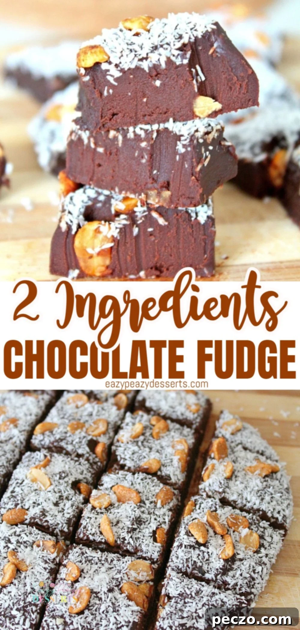 A collage of mouth-watering images featuring the easy 2-ingredient fudge, showcasing its preparation and final delicious squares
