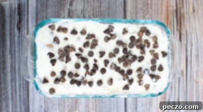 Ice cream mixture poured into a bread pan for freezing