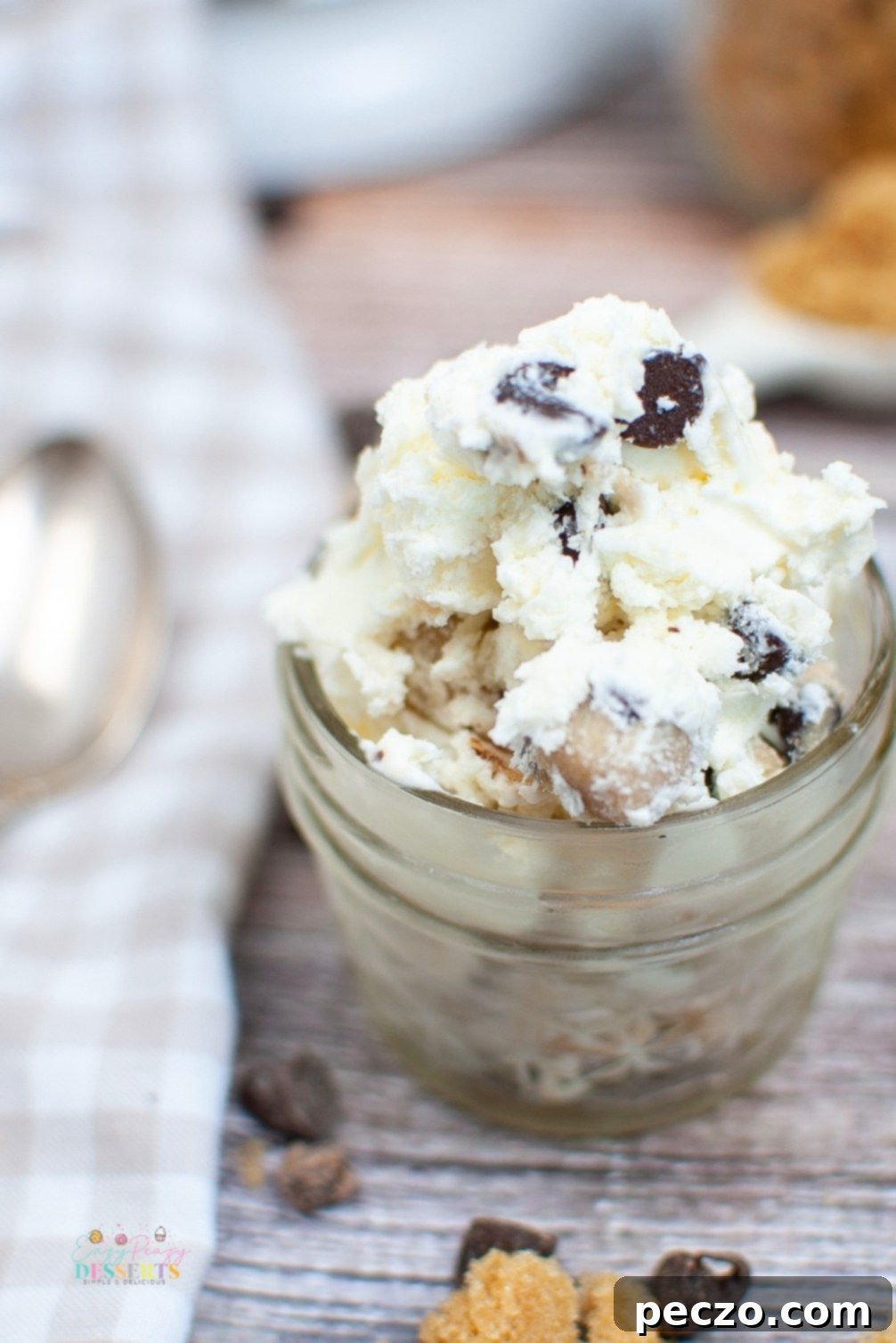 Overhead shot of creamy chocolate chip cookie dough ice cream, ready to be scooped
