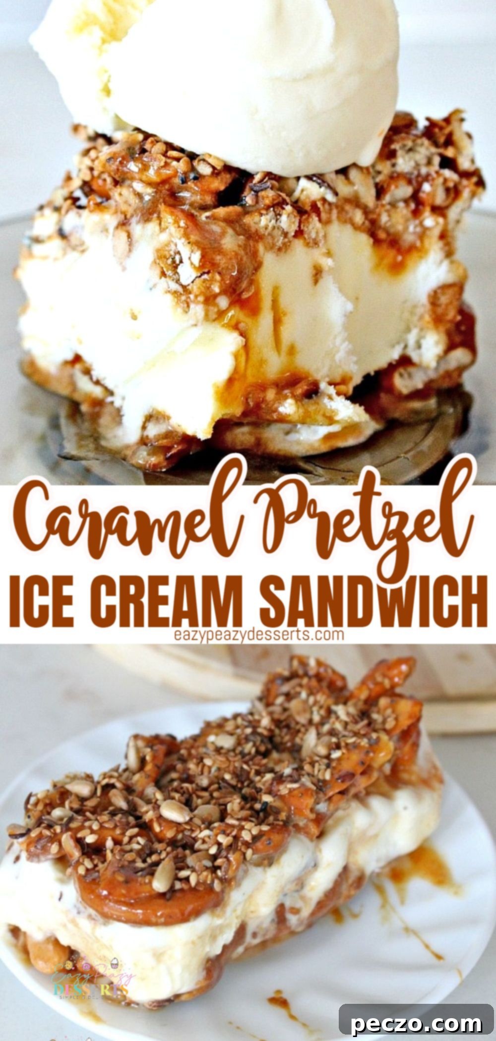 Photo collage of ice cream sandwich recipe with caramel pretzel