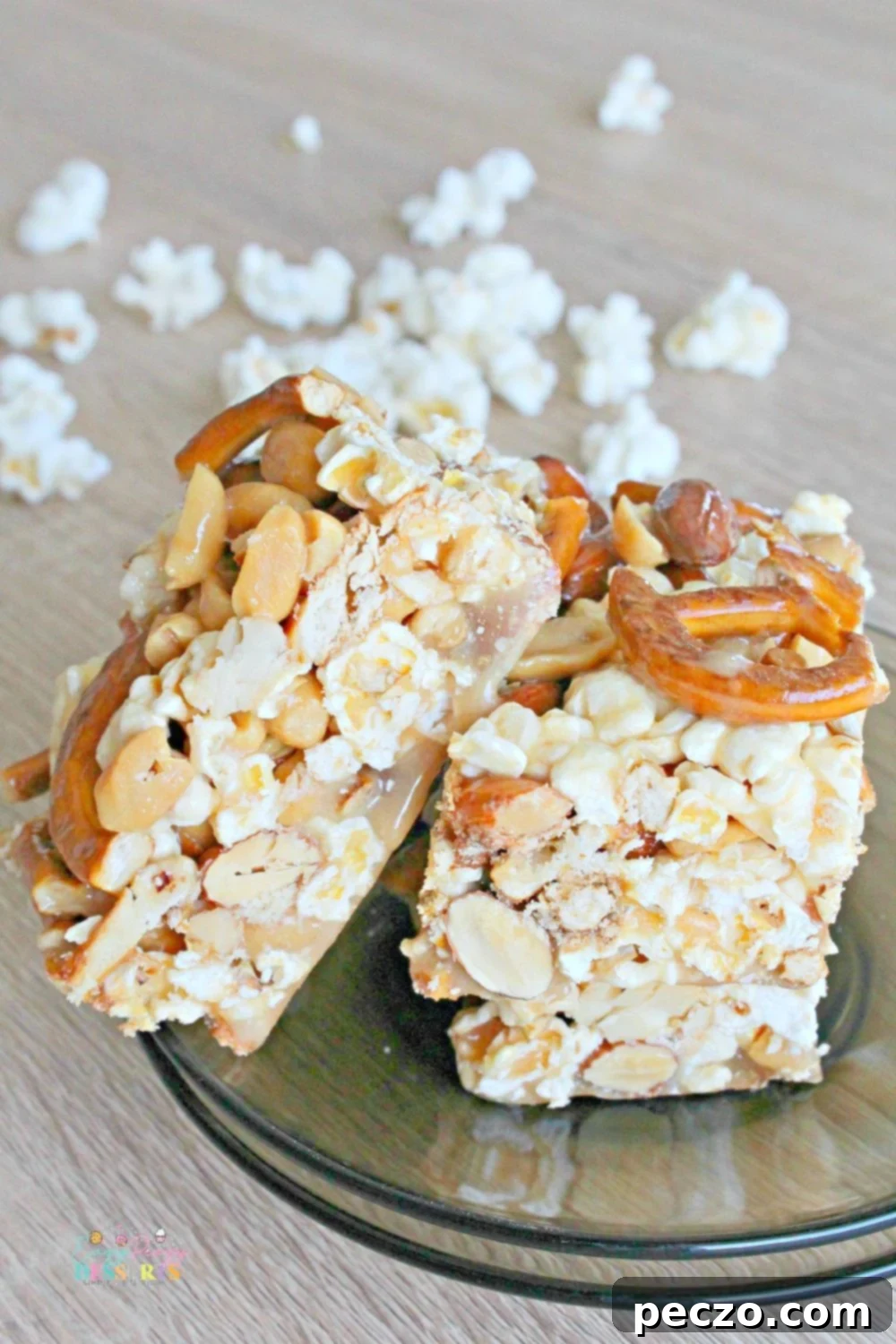 Image of 3 bars of popcorn dessert with caramel, pretzel and mixed nuts
