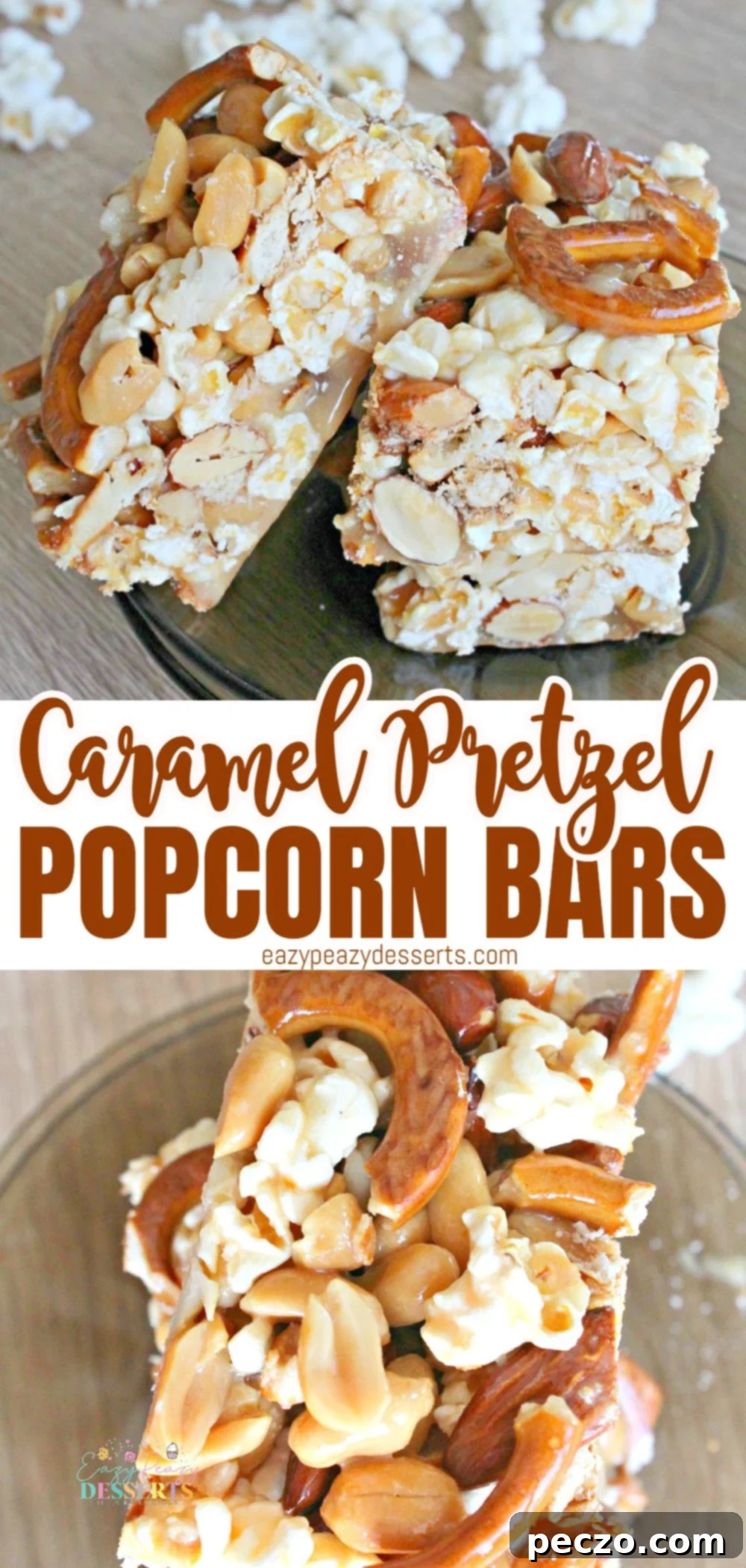 Photo collage of popcorn bars with caramel, pretzel and mixed nuts