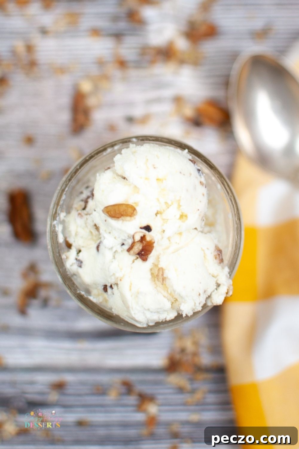 Over head image of ajar filled with the best butter pecan ice cream