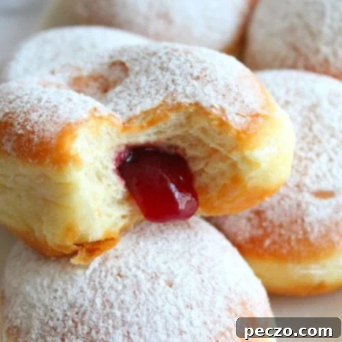 Close up image of jam doughnut with homemade strawberry jam