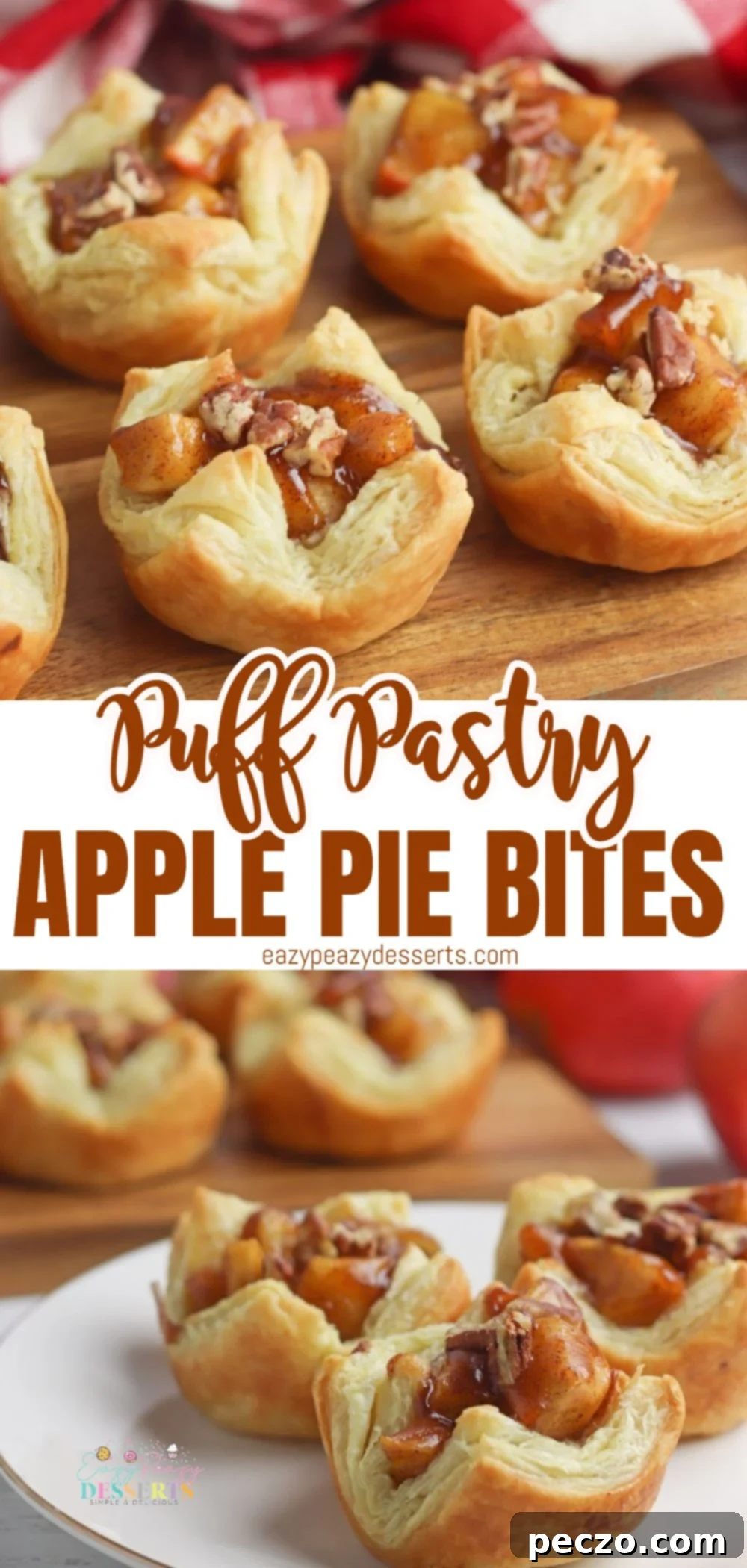 Photo collage showing steps and finished mini apple pies in puff pastry cups