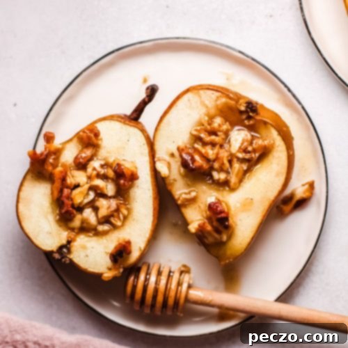 Over head image of bakes pears with honey cinnamon and pecans