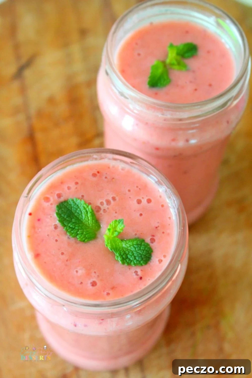 Over head image of protein fruit smoothie in a jar