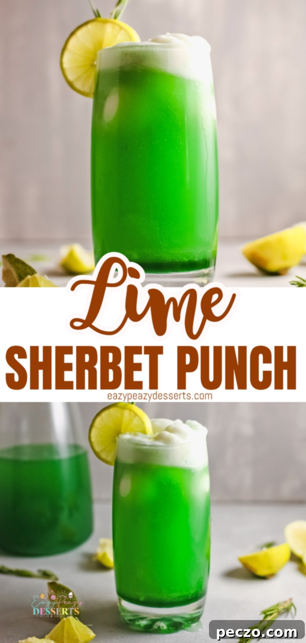 Photo collage of a glass of green lime sherbet punch decorated with limes, lemons, and rosemary, with a 'Pin to save for later' text overlay.