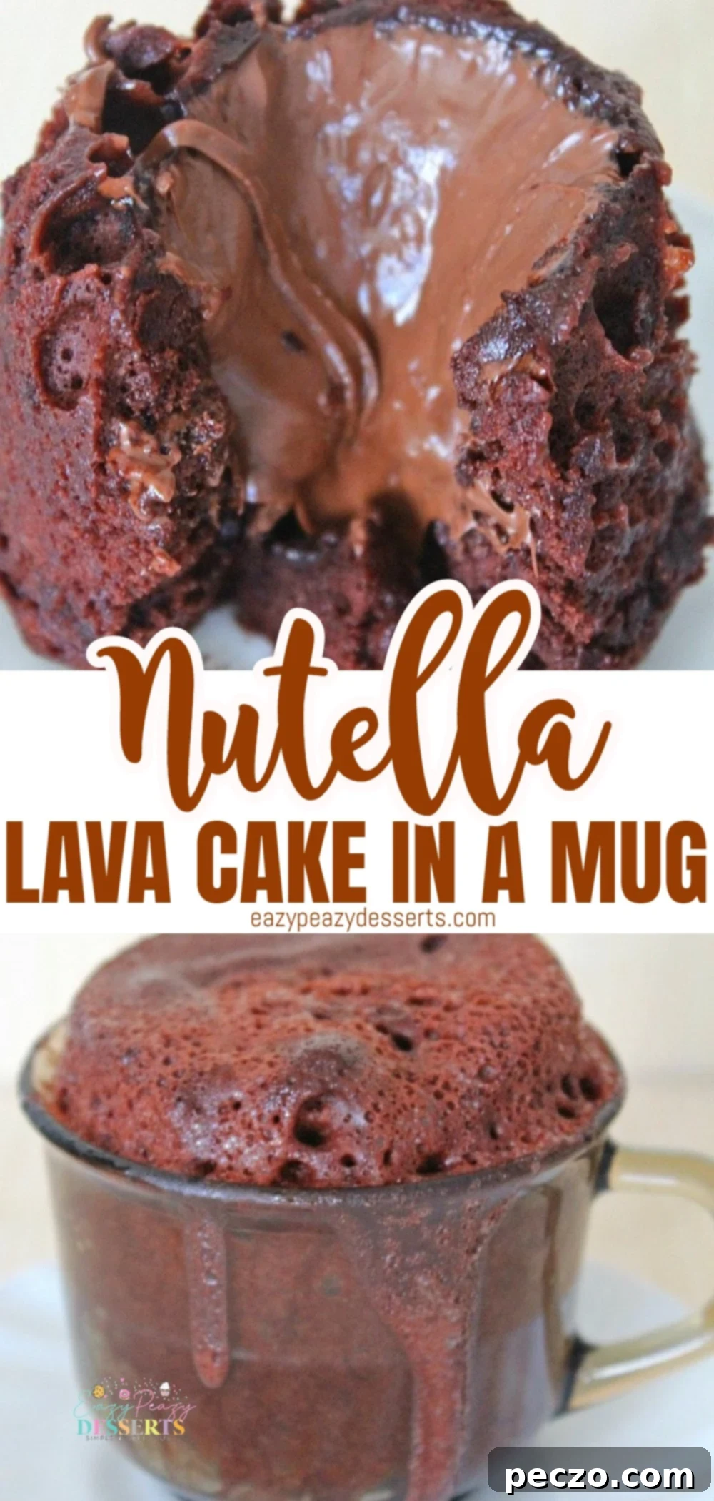 Photo collage of lava cake in a mug with Nutella, showing process and final product