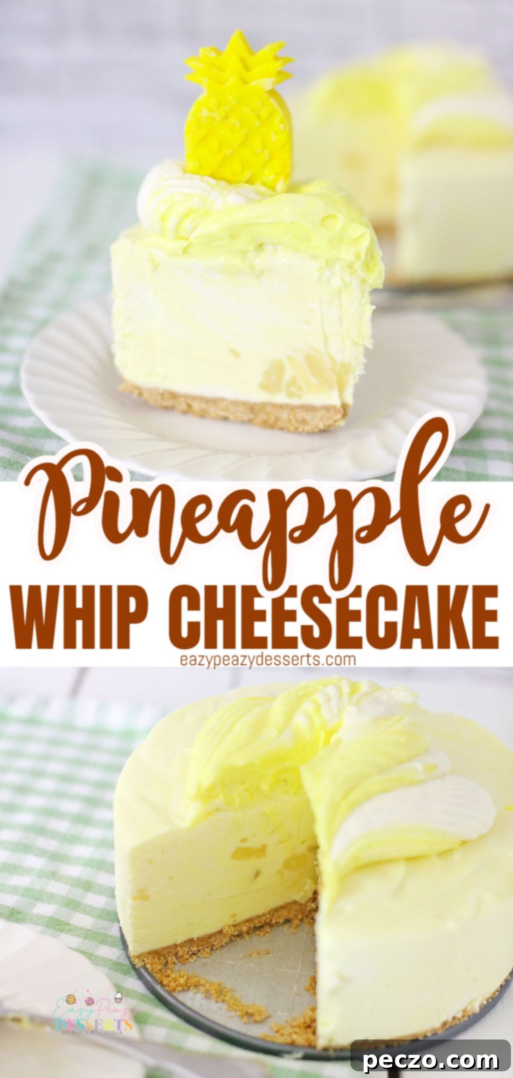 Photo collage of a tropical no-bake pineapple cheesecake, showing various angles and a decorated slice.