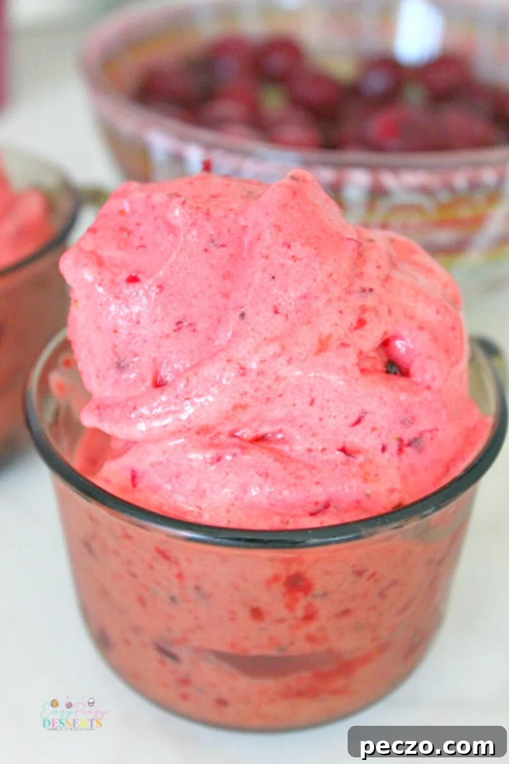 Close up image of vibrant, healthy, dairy-free frozen fruit ice cream in a bowl with fresh berries