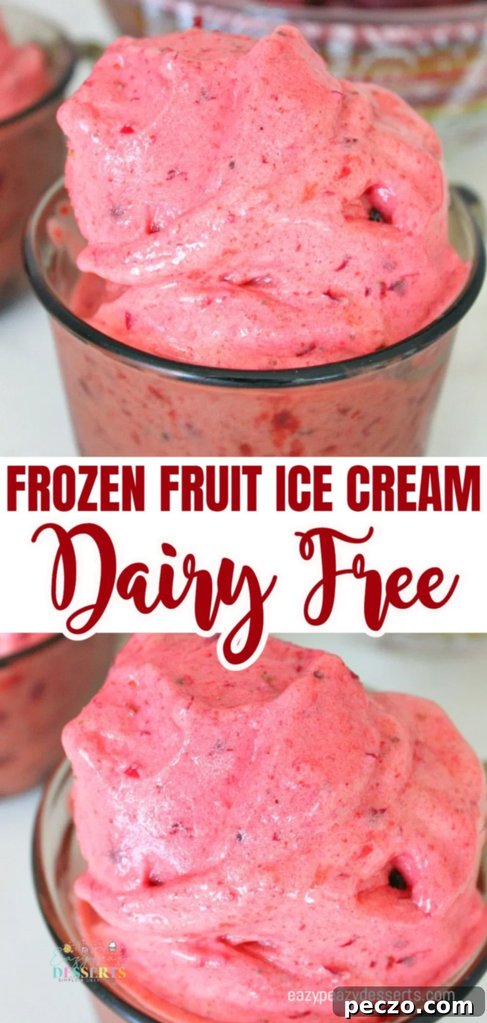 Photo collage of vibrant dairy-free frozen fruit ice cream served in cups, ready to be pinned