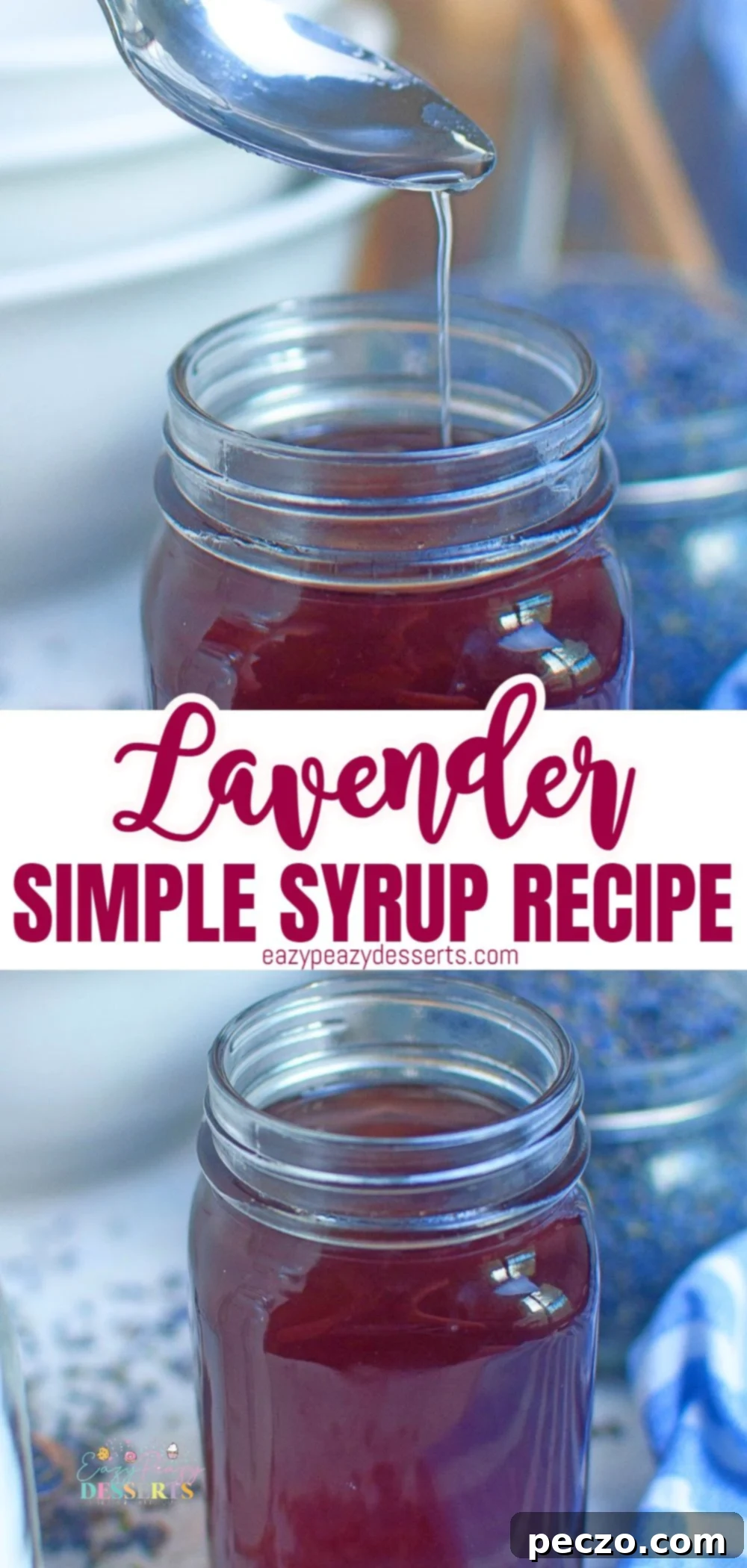 Photo collage of lavender syrup to use for coffee, cocktails and desserts