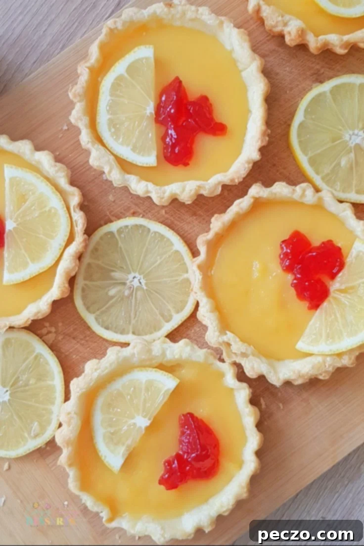 Preparation stages of Mini Lemon Curd Tarts, showing pastry in pans and lemon curd
