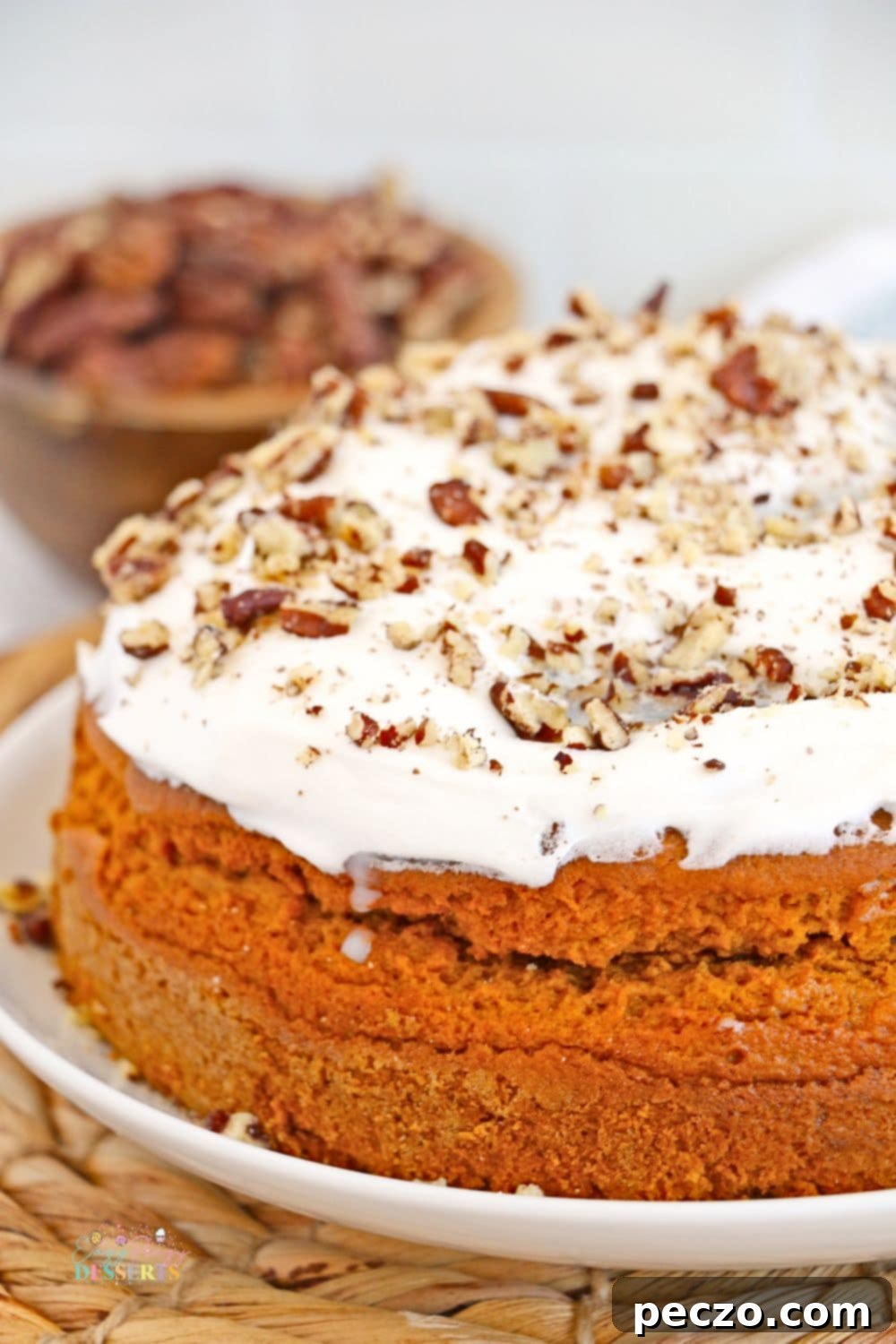 Close up image of air fryer pumpkin cake, showing its moist texture