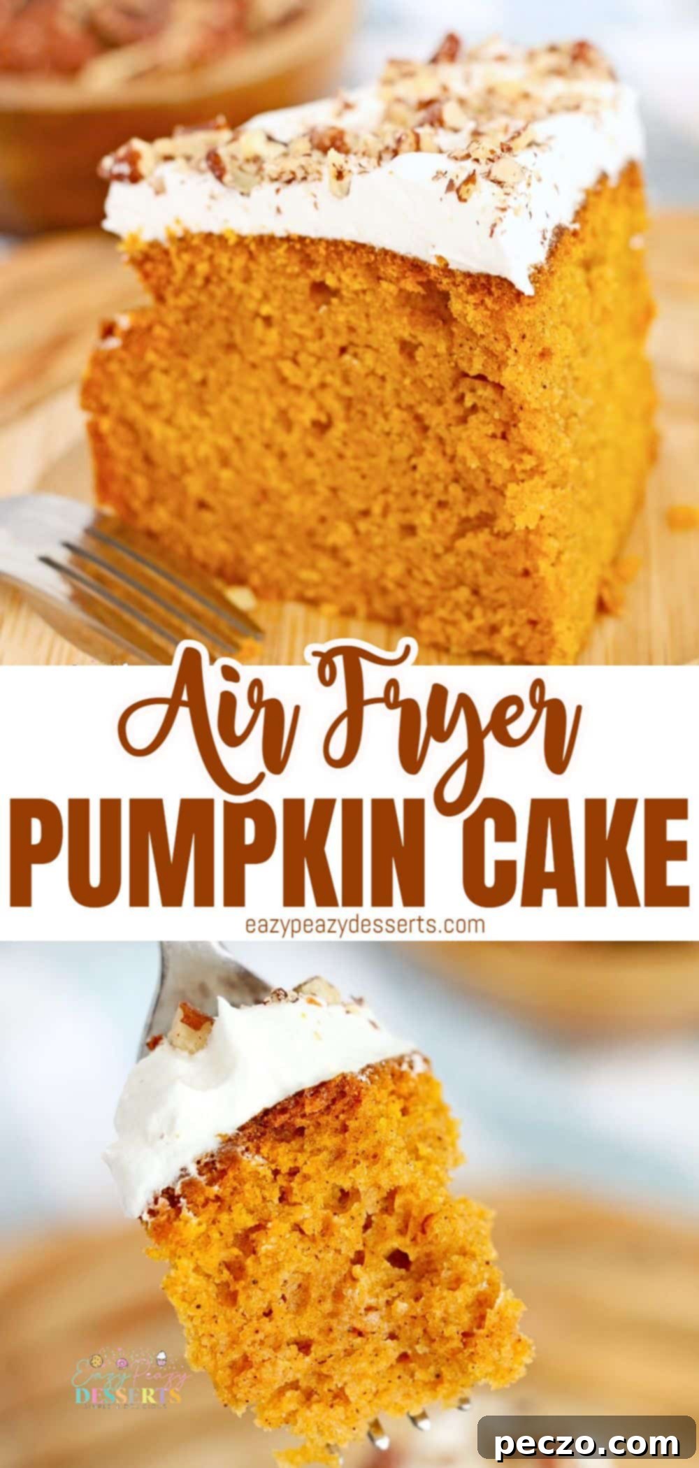 Photo collage of air fryer pumpkin cake, showing preparation and final product