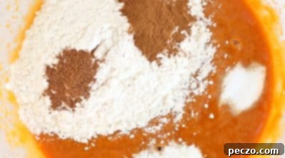 Mixing dry and wet ingredients for pumpkin cake batter