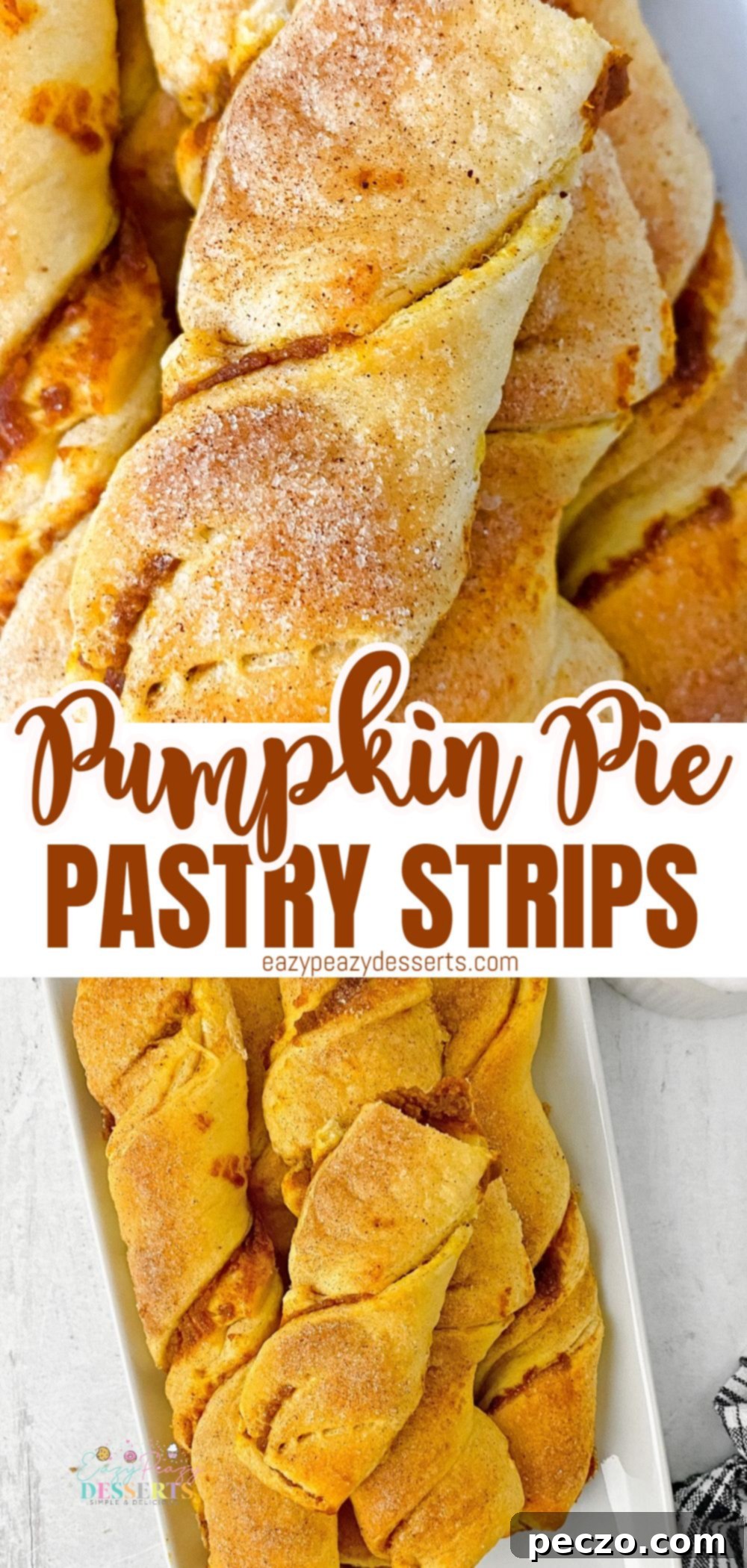 Photo collage of twisted pumpkin pastry strips, perfect for saving and sharing on Pinterest.