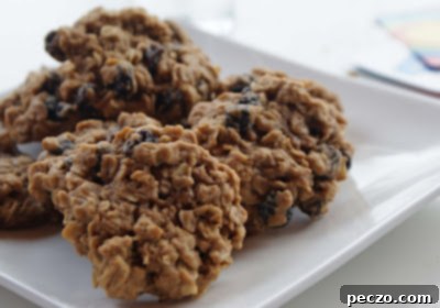 Close-up of soft and chewy homemade oatmeal raisin cookies, baked to golden perfection and ready to enjoy.