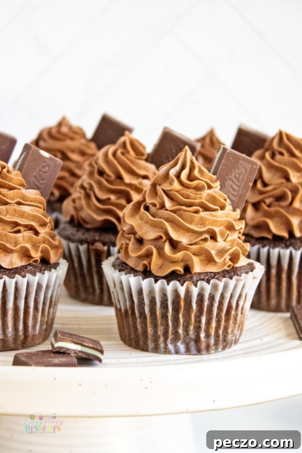 Chocolate peppermint cupcakes in a row, with festive mint frosting.