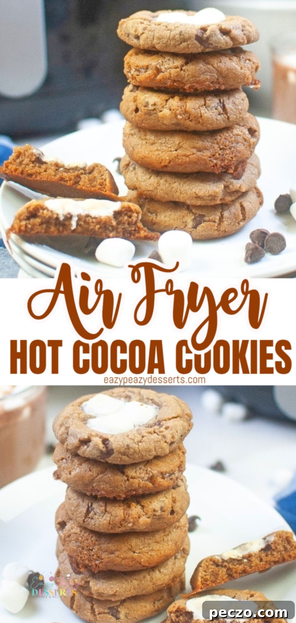 Photo collage of hot cocoa cookies made in the air fryer, topped with marshmallows