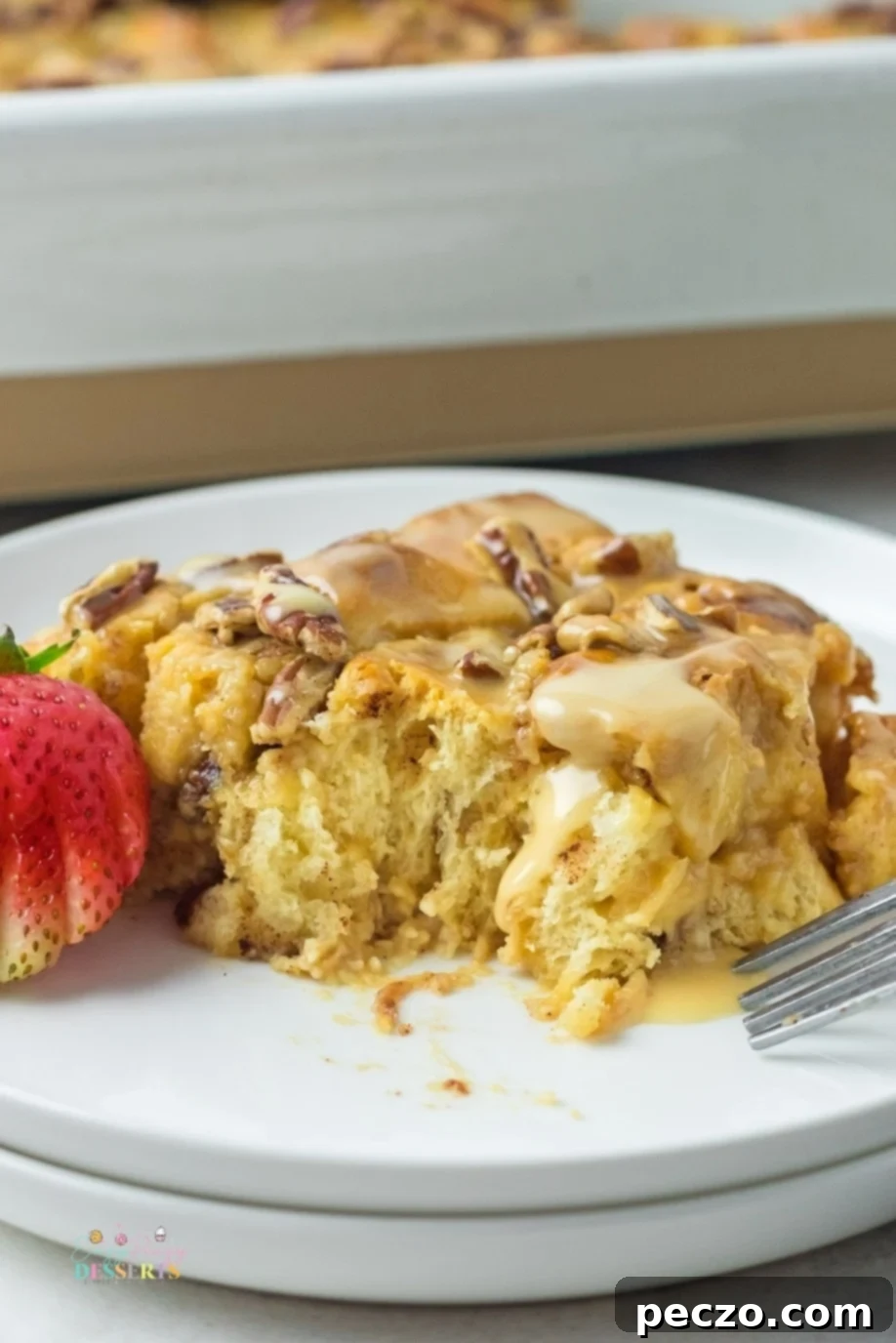 Close-up of baked caramel rolls in a dish
