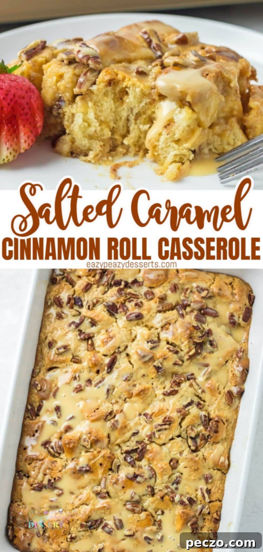 Photo collage of cinnamon roll casserole with salted caramel sauce