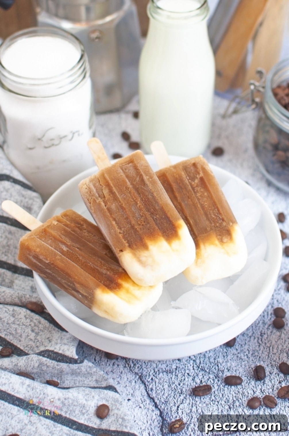 Coffee pops in a bowl with ice cubes