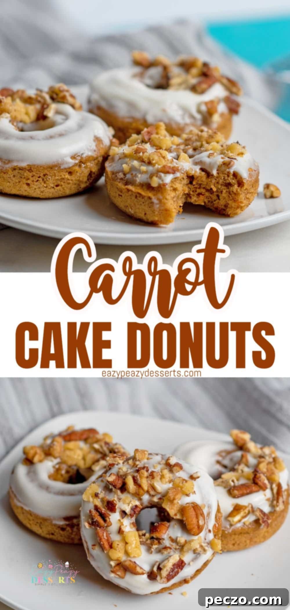 Beautifully arranged baked carrot cake donuts with frosting and nuts, pinned for later.