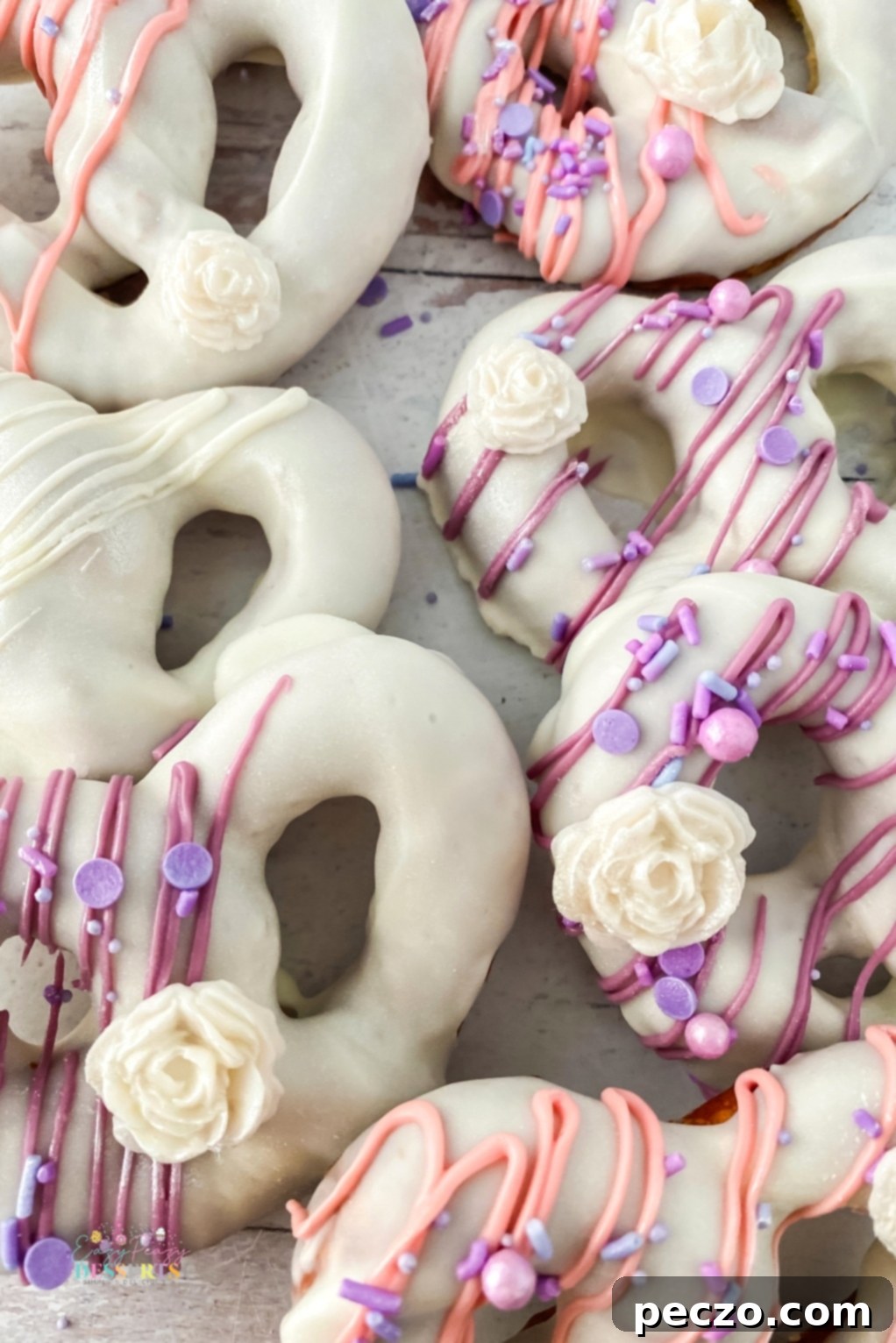 White chocolate pretzels with decorations