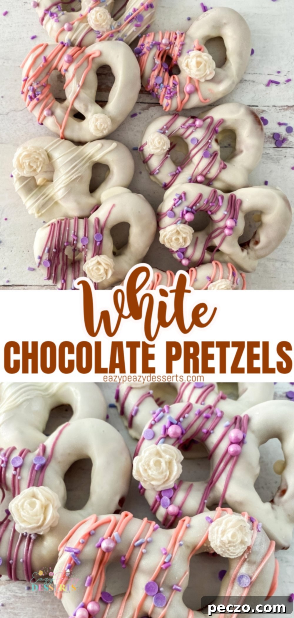 Chocolate pretzels with pink, purple, and white chocolate