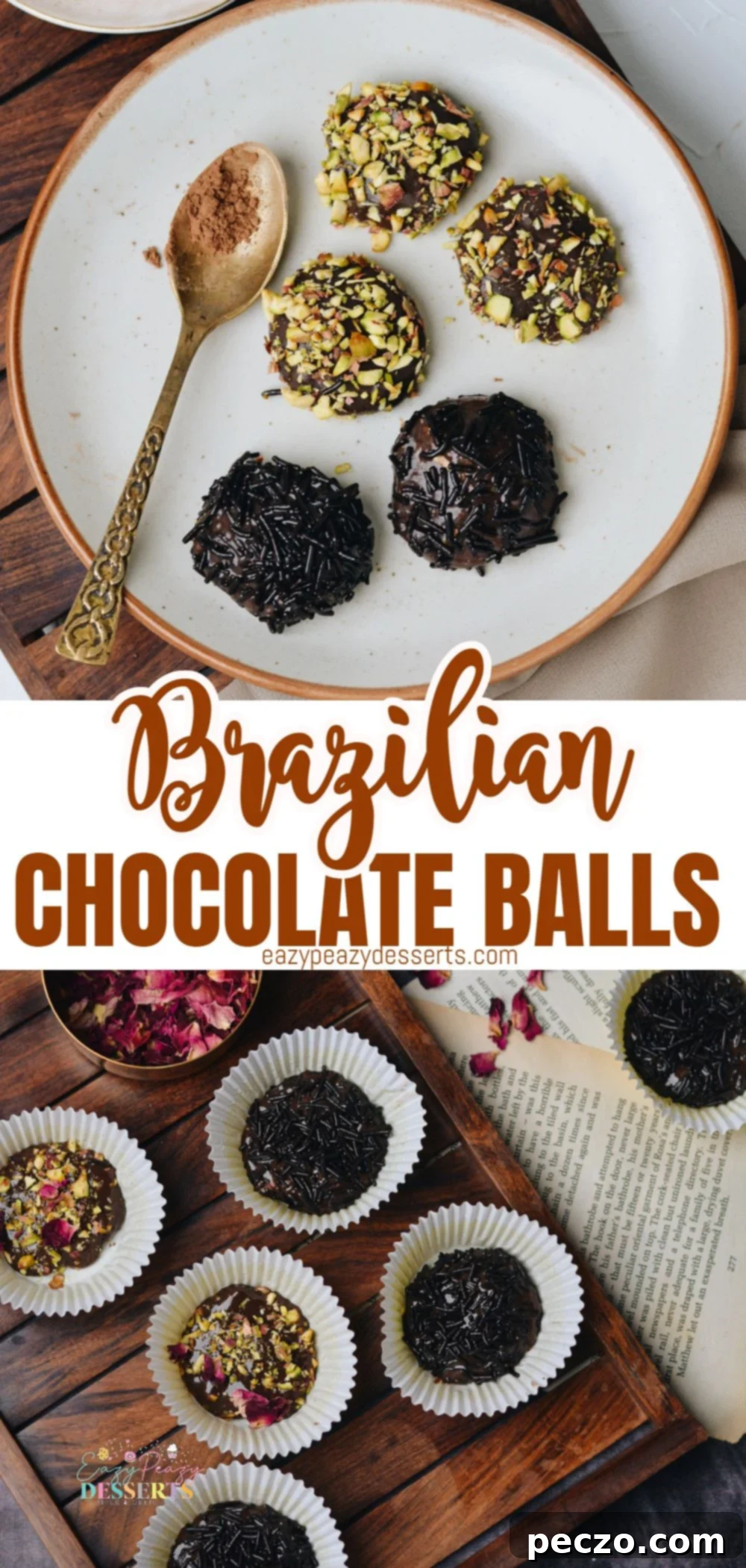 A collage of Brazilian chocolate balls photos for Pinterest