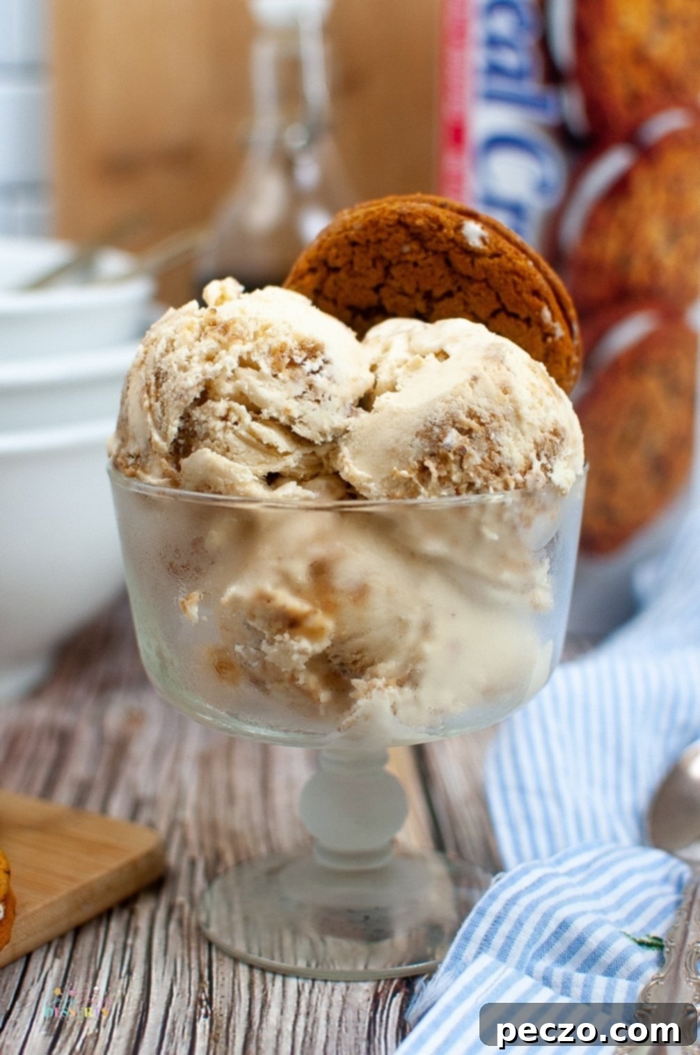 Three generous scoops of homemade oatmeal cream pie ice cream in a classic ice cream cup, garnished with cookie crumbles.